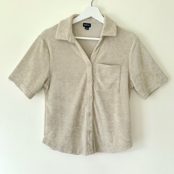 Gap Body beige Towel Terry button front short sleeve top - Picture 5 of 13